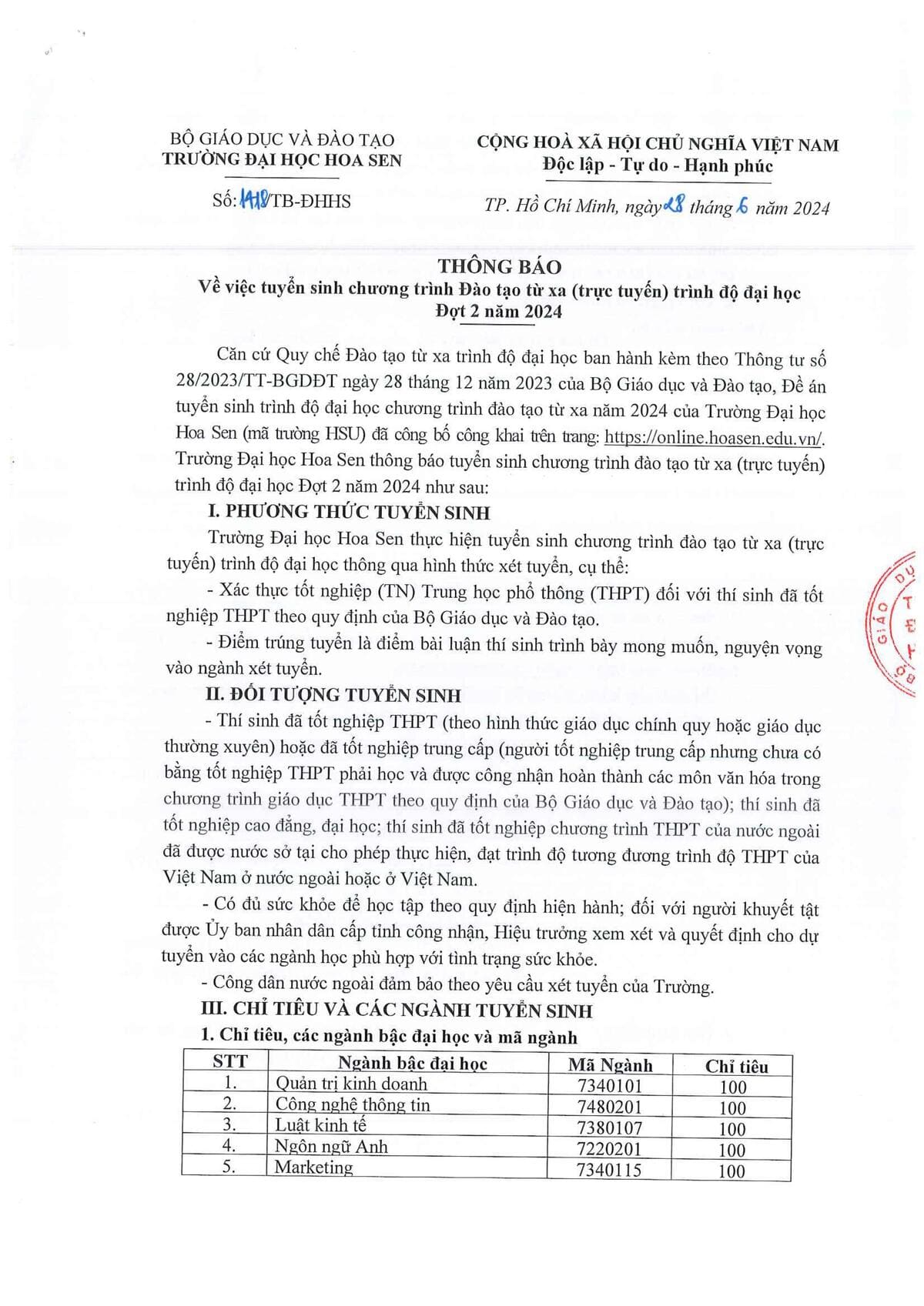 Thông báo về việc Bwin link tải ứng dụng Đào tạo trực tuyến trình độ Bwin link không chặn Đợt 2 năm 2024 trang 1